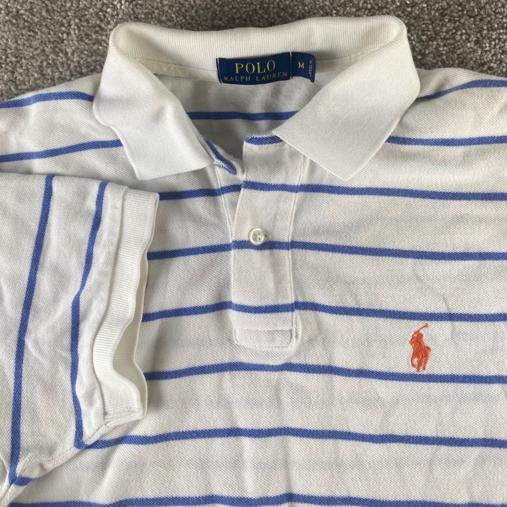 Polo Ralph Lauren Men M White Blue Striped Orange Pony Cotton Preppy Polo Shirt